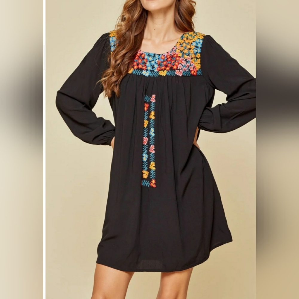 Savanna Jane Floral Embroidered Mini Tunic Long Sleeves Dress Size S Boho - Picture 2 of 16